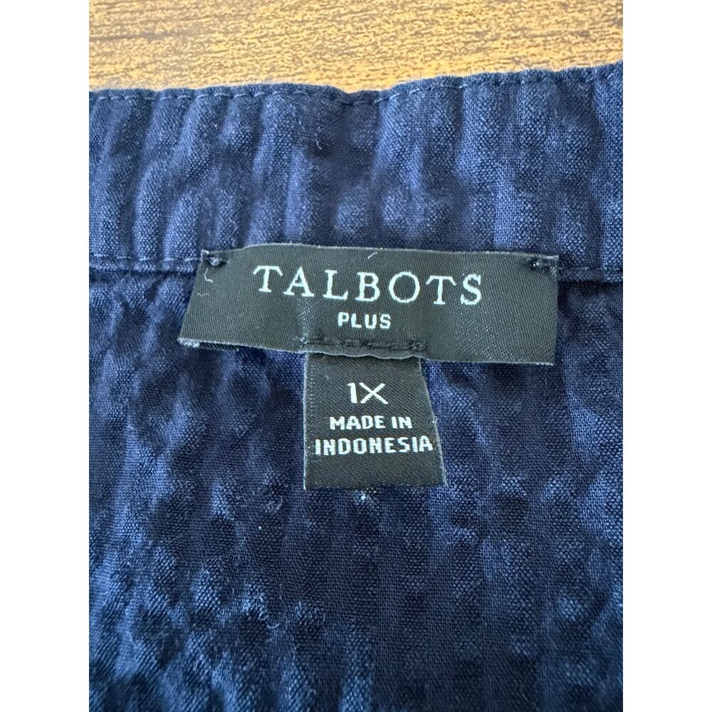 Talbots Plus Size Navy Textured Tunic Top 1X White Ric Rac Trim Coastal EUC - Picture 3 of 7